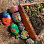 Piedras pintadas por niños y niñas, al lado de un mini huerto