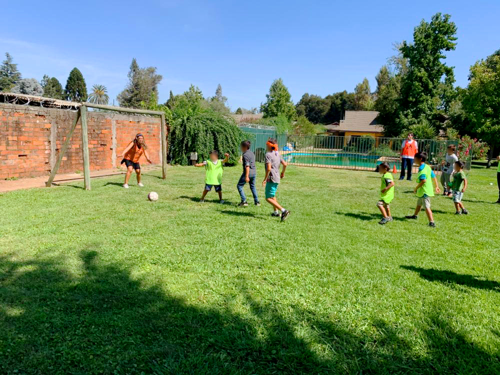 Niños jugando a la pelota en una cancha de pasto