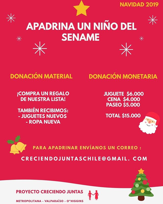 Texto informativo para apadrinar un niño del sename, mediante la compra de un regalo de la lista, donación de juguetes o ropa nueva. Se aceptan donaciones monetarias